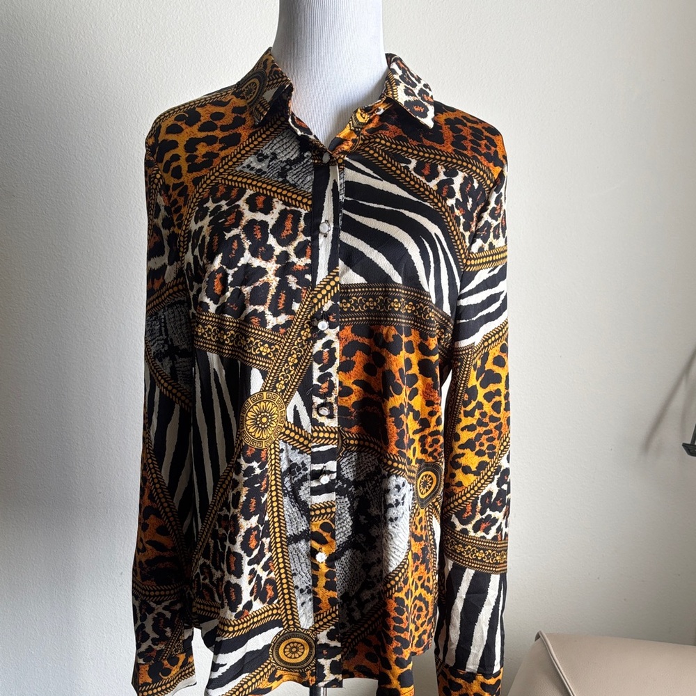 Beulah Women's Vibrant Animal Print Shirt - Orange, Black, White ( New )